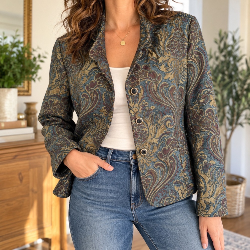VTG Coldwater Creek Tapestry Blazer Jacket Teal Paisley Brocade Jacquard PXL